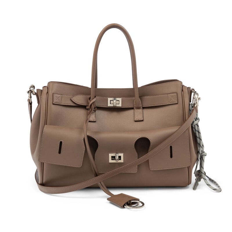 BALENCIAGA, SMALL BEL AIR CARRY ALL BAG: BALENCIAGA, SMALL BEL AIR CARRY ALL BAG Small Bel Air Carry All in taupe calfskin leather with aged silver-tone hardware. Turn-lock closure, rolled leather handles and removable flat leather