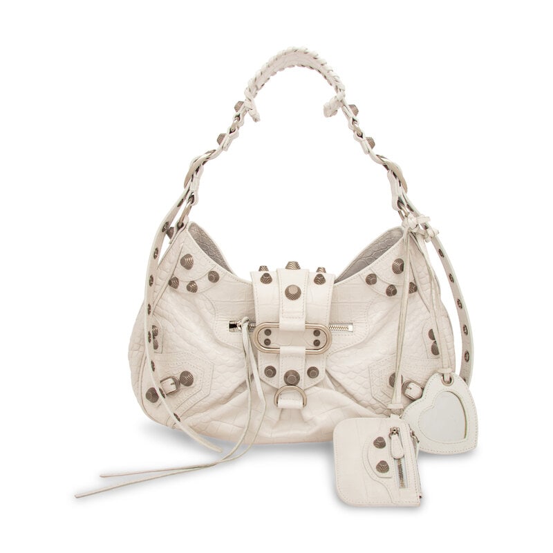BALENCIAGA, WHITE CROC 'LE CAGOLE' BAG: BALENCIAGA, WHITE CROC 'LE CAGOLE' BAG Medium Le Cagole bag in white crocodile skin with metal stud embellishments throughout. Magnetic snap top flap closure and adjustable flat leather