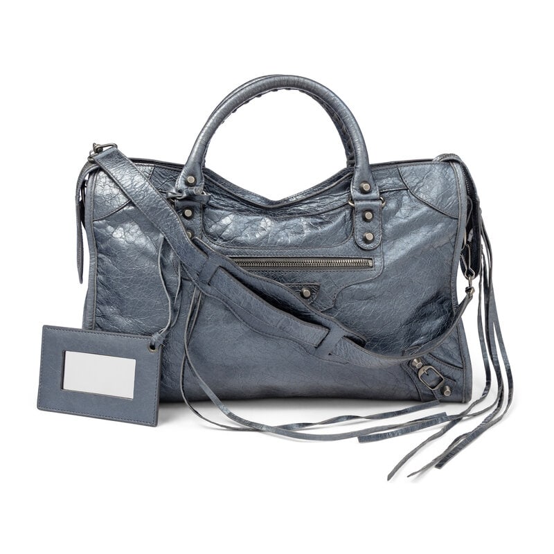 BALENCIAGA, METALLIC STEEL BLUE MEDIUM CITY BAG - 2