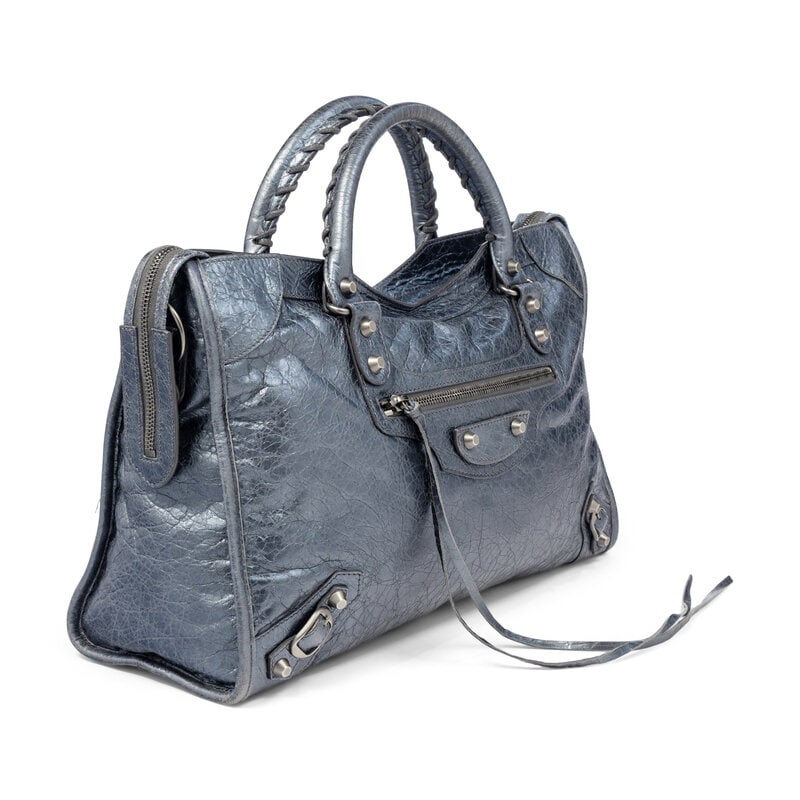 BALENCIAGA, METALLIC STEEL BLUE MEDIUM CITY BAG - 3