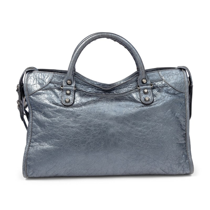 BALENCIAGA, METALLIC STEEL BLUE MEDIUM CITY BAG - 4