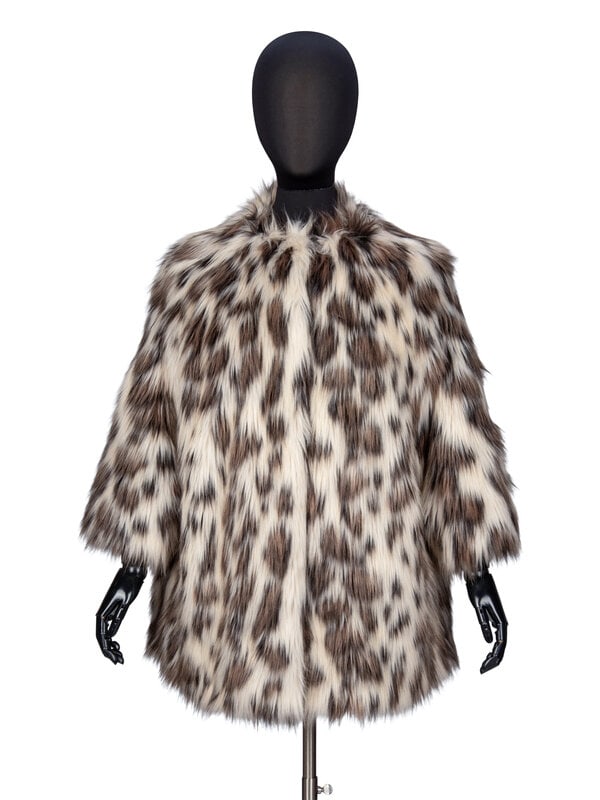 PRADA, SPOTTED FAUX FUR COAT: PRADA, SPOTTED FAUX FUR COAT Hip-length coat in multicolor spotted faux fur. Round collarless neckline. Wrist-length raglan sleeves. Two in-seam pockets at front. Five hook-and-eye closures at front.