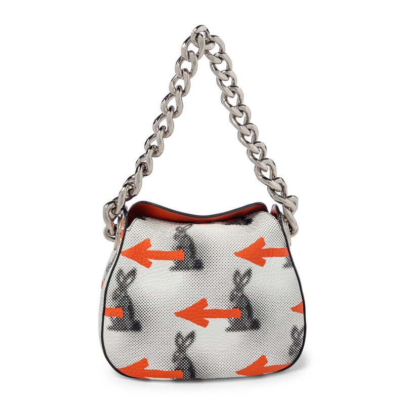 PRADA, BUNNY-ARROW PRINT LEATHER HANDBAG: PRADA, BUNNY-ARROW PRINT LEATHER HANDBAG Handbag in white grained leather with black abstract bunny & orange arrow print. Magnetic folding top flap closure and metal chain handle. Label: Prada