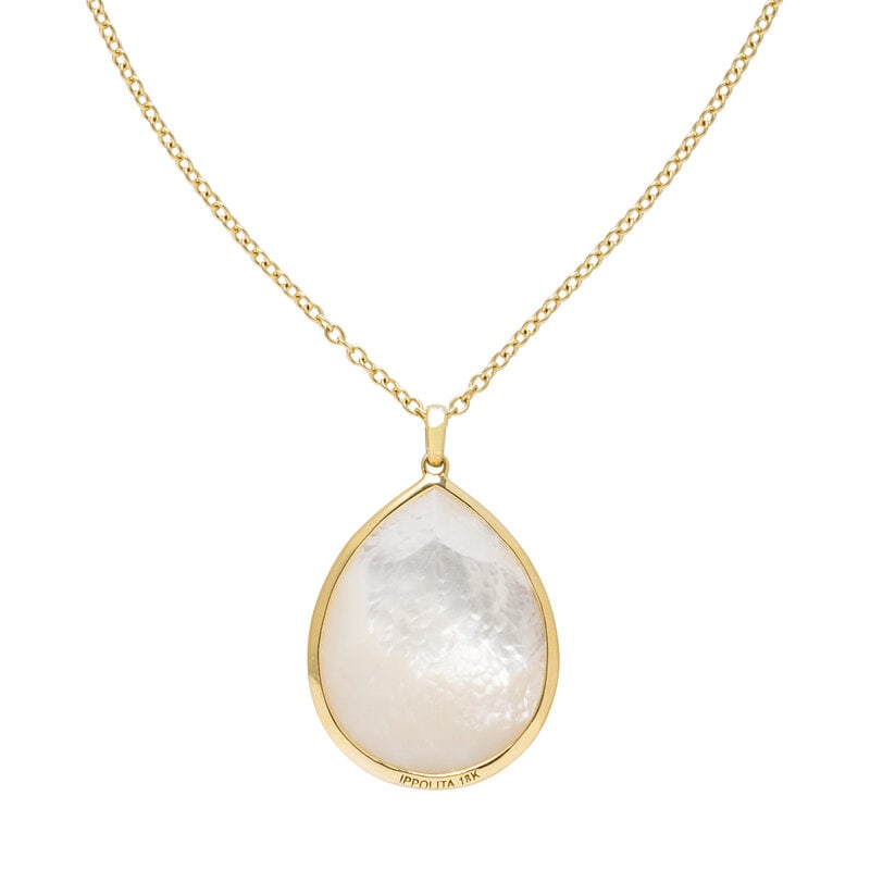 IPPOLITA, YELLOW GOLD AND MOTHER-OF-PEARL PENDANT NECKLACE: IPPOLITA, YELLOW GOLD AND MOTHER-OF-PEARL PENDANT NECKLACE Pear shape mother-of-pearl and rock crystal triplet measuring approximately 25.00 x 19.15 mm. 18 karat yellow gold. Chain: 16 - 18 inches