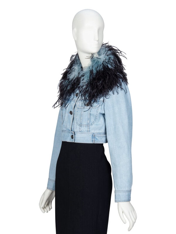 PRADA, FEATHER COLLAR CROP DENIM JACKET - 2