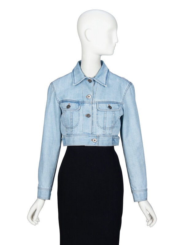PRADA, FEATHER COLLAR CROP DENIM JACKET - 3
