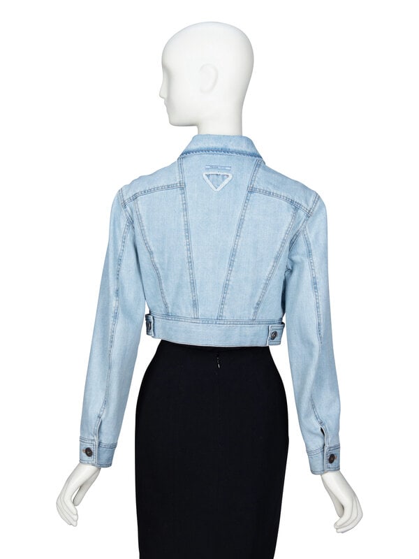 PRADA, FEATHER COLLAR CROP DENIM JACKET - 4