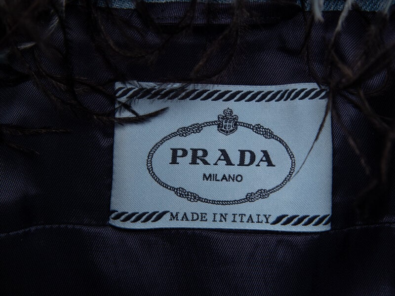PRADA, FEATHER COLLAR CROP DENIM JACKET - 5