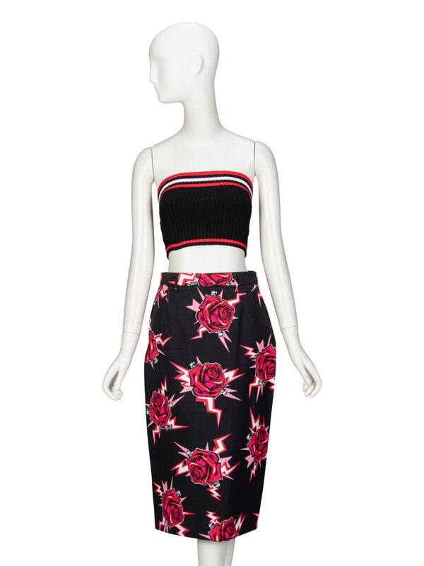 PRADA, KNIT BANDEAU & PRINTED SKIRT: PRADA, KNIT BANDEAU & PRINTED SKIRT THE FIRST Cropped bandeau in black viscose ribbed knit with red & white striping. No closures, unlined. Label: Prada Size Label: 42 Date: 2013 Country