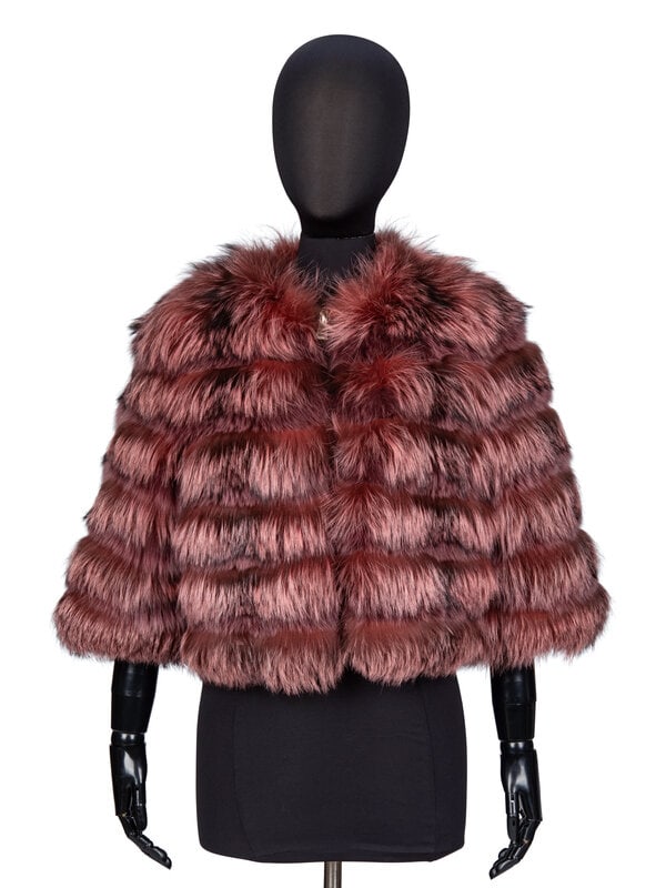 A ROSE PINK FOX FUR JACKET: A ROSE PINK FOX FUR JACKET Slightly cropped-length jacket in pink dyed fox fur. Round collarless neckline. Elbow-length sleeves. Two in-seam pockets at sides; one interior slip pocket. Zipper