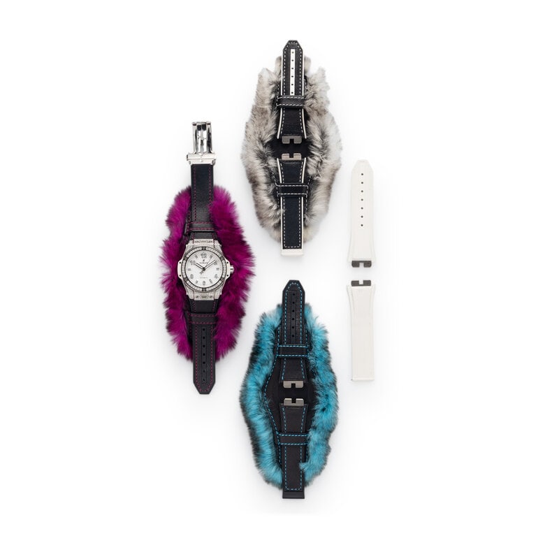 HUBLOT, 'BIG BANG ONE CLICK' DATE WATCH WITH DIAMONDS AND 'CUDDLY CUFF' RABBIT FUR STRAPS: HUBLOT, 'BIG BANG ONE CLICK' DATE WATCH WITH DIAMONDS AND 'CUDDLY CUFF' RABBIT FUR STRAPS Maker: Hublot Model: Big Bang One-Click Case number: 111359