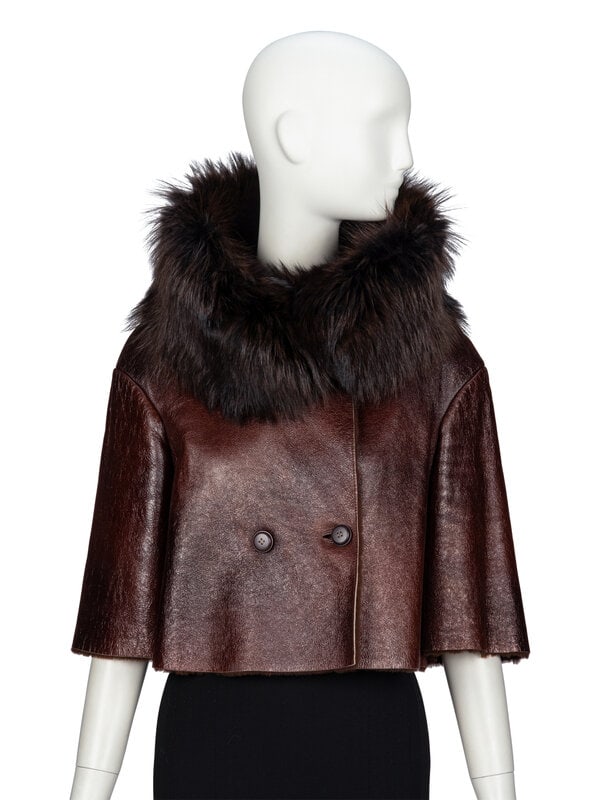 PRADA, FUR COLLAR CROPPED LEATHER JACKET (1 of 5)