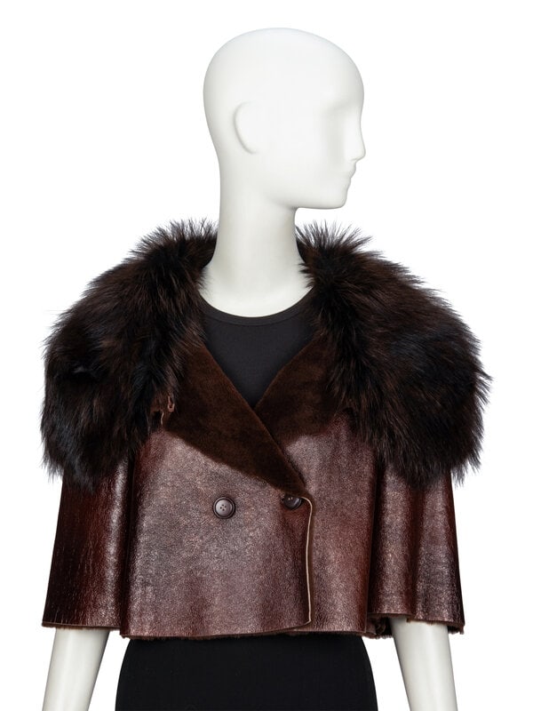 PRADA, FUR COLLAR CROPPED LEATHER JACKET - 2