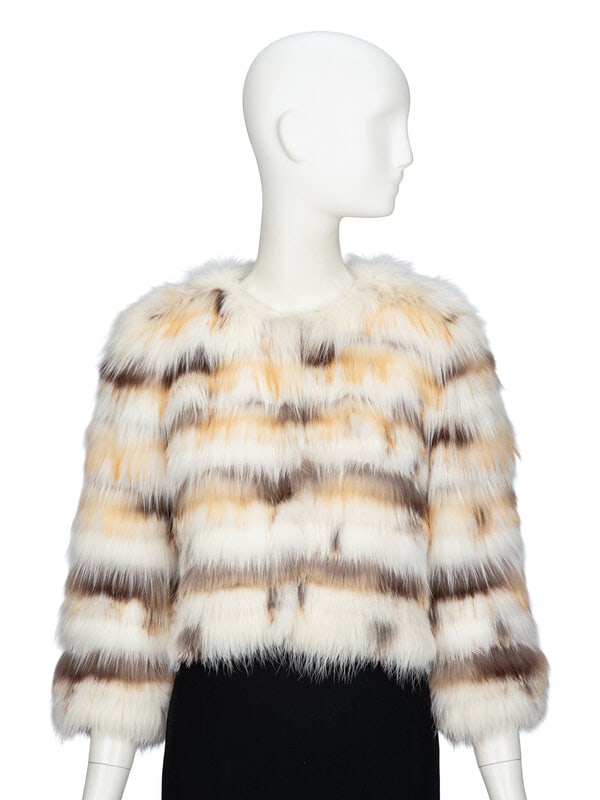 CARMEN MARC VALVO, GOLDEN CROSS FOX FUR JACKET: CARMEN MARC VALVO, GOLDEN CROSS FOX FUR JACKET Cropped boxy jacket in golden cross fox fur. Round collarless neckline. Three-quarter-length sleeves. Three hook-and-eye closures at front. Fully lined.