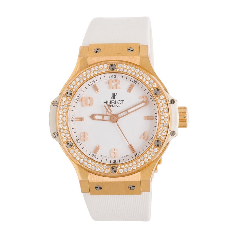 HUBLOT, 'BIG BANG' 18K ROSE GOLD AND DIAMOND WATCH: HUBLOT, 'BIG BANG' 18K ROSE GOLD AND DIAMOND WATCH Maker: Hublot Model: Big Bang Serial number: 890623 Year: Circa 2010s Case si