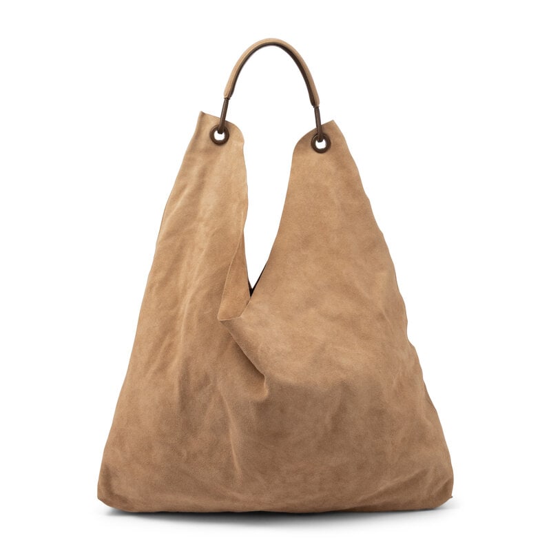 THE ROW, BEIGE SUEDE BINDLE THREE HOBO BAG: THE ROW, BEIGE SUEDE BINDLE THREE HOBO BAG Bindle Three Hobo bag in beige suede. Open top and padded leather & suede handle. Label: The Row Style/Serial No.: Unmarked Date: 2020's Country of