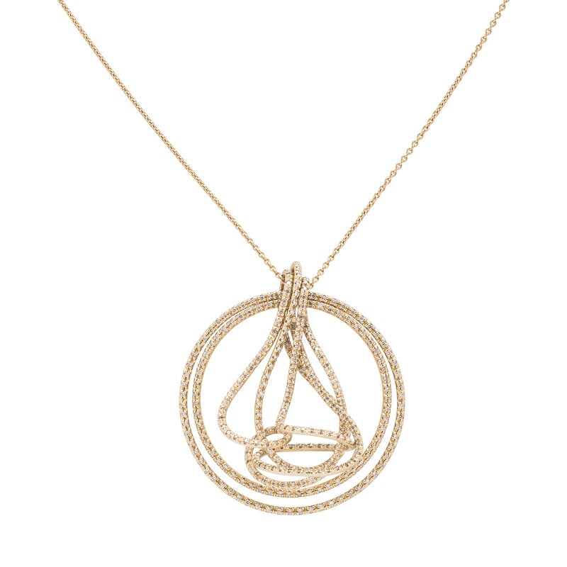 YELLOW GOLD AND DIAMOND SCULPTURAL PENDANT NECKLACE: YELLOW GOLD AND DIAMOND SCULPTURAL PENDANT NECKLACE Round diamonds weighing approximately 1.25 - 1.75 carats total. 18 karat yellow gold. Pendant: 2 1/8 x 1 3/4 inches. Chain: 31 1/2 inches long. Pend
