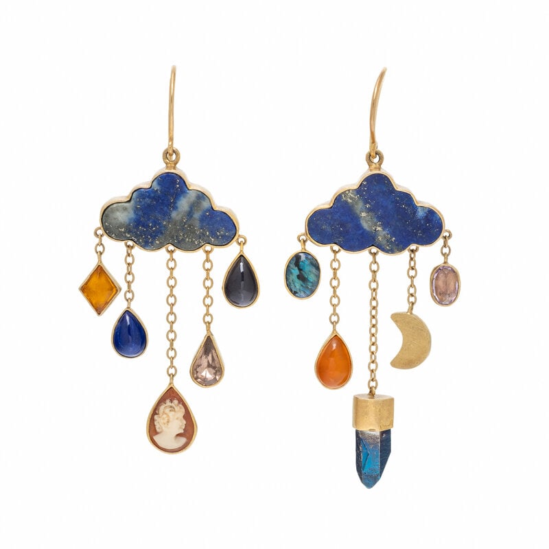GRAINNE MORTON, LAPIS LAZULI AND MULTIGEM 'CLOUD AND RAIN' EARRINGS: GRAINNE MORTON, LAPIS LAZULI AND MULTIGEM 'CLOUD AND RAIN' EARRINGS Cloud-shaped lapis lazuli and variously shaped colored stones. Gold-plated silver. 1 1/2 inches long. Gross weight: 6.95 dwt.