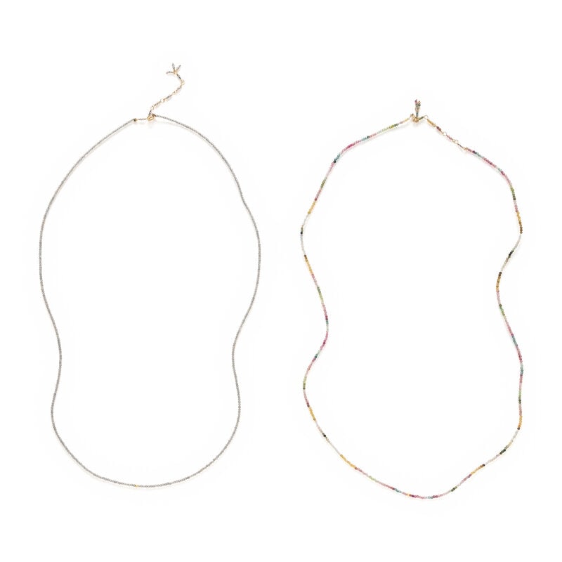 COLELCTION OF MULTIGEM BEAD NECKLACES: COLELCTION OF MULTIGEM BEAD NECKLACES Including a necklace set with faceted moonstone beads measuring approximately 2.00 mm, and a necklace set with variously colored faceted quartz beads measuring