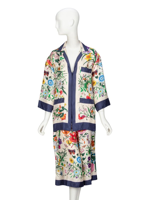 GUCCI, FLORA-PRINT SILK LOUNGE ENSEMBLE: GUCCI, FLORA-PRINT SILK LOUNGE ENSEMBLE As seen in look #9 of the Pre-Fall 2018 collection lookbook by Alessandro Michele for Gucci. TOP Boxy tunic blouse in Flora-print silk twill with navy
