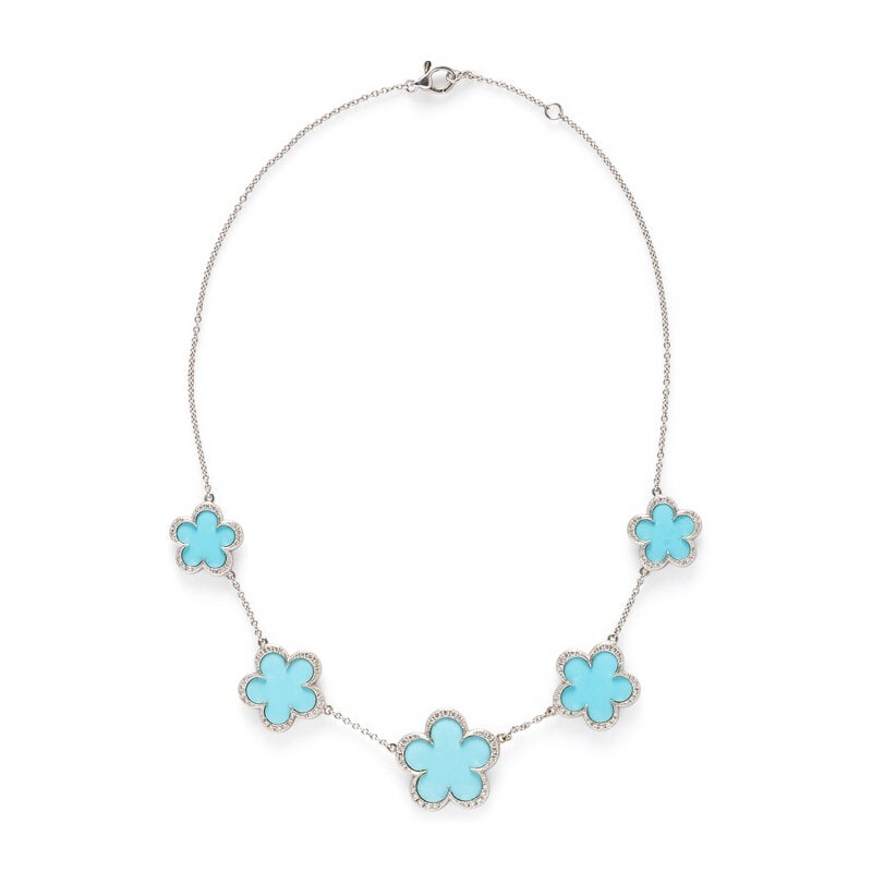 WHITE GOLD, DIAMOND, AND HARDSTONE FLOWER STATION NECKLACE: WHITE GOLD, DIAMOND, AND HARDSTONE FLOWER STATION NECKLACE Blue hardstone flowers and round diamonds weighing approximately 0.70 carat total. 18 karat white gold. 14 5/8 - 16 1/2 inches long, with