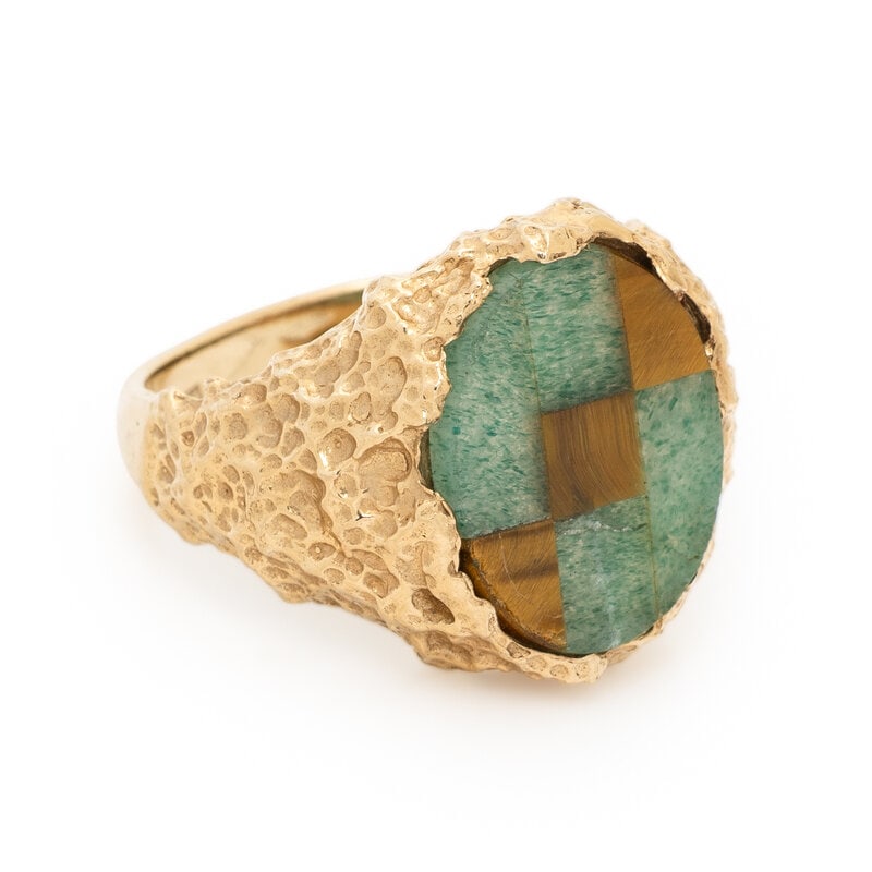 YELLOW GOLD, AVENTURINE QUARTZ, AND TIGER'S EYE RING - 2