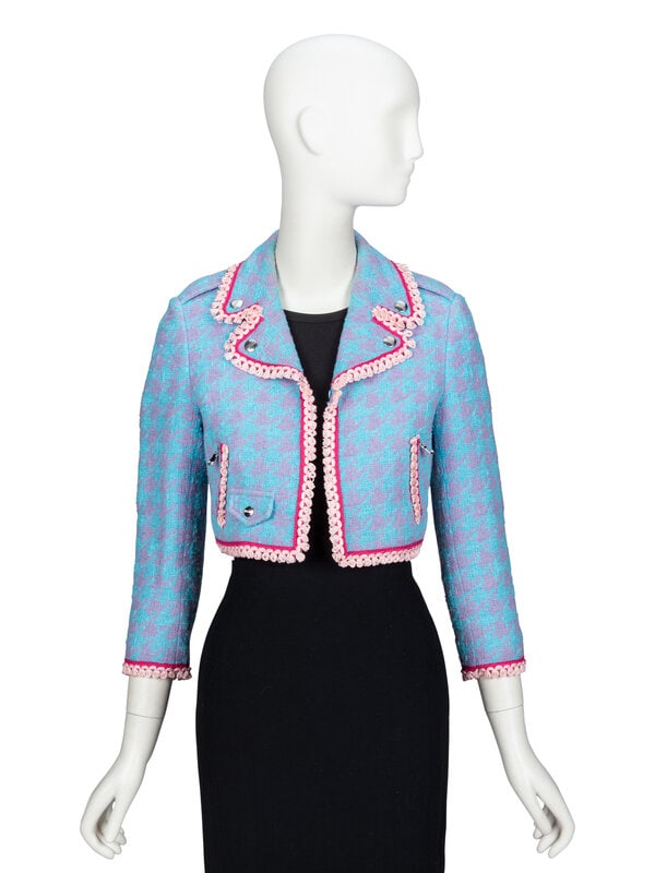MOSCHINO, BOUCLÉ TWEED CROP MOTO JACKET: MOSCHINO, BOUCLÉ TWEED CROP MOTO JACKET Moto-style crop jacket in blue & lilac bouclé houndstooth tweed with pink looped trim throughout. Notched collar & lapels with functioning