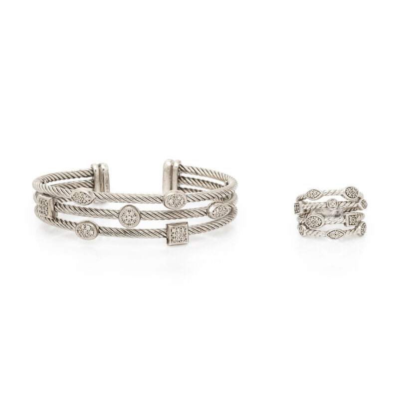 DAVID YURMAN, STERLING SILVER AND DIAMOND 'CONFETTI' CABLE CUFF BRACELET AND RING (1 of 2)