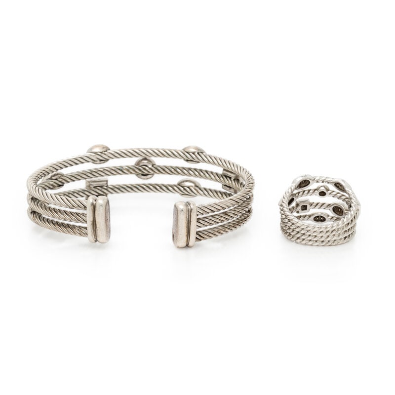 DAVID YURMAN, STERLING SILVER AND DIAMOND 'CONFETTI' CABLE CUFF BRACELET AND RING - 2