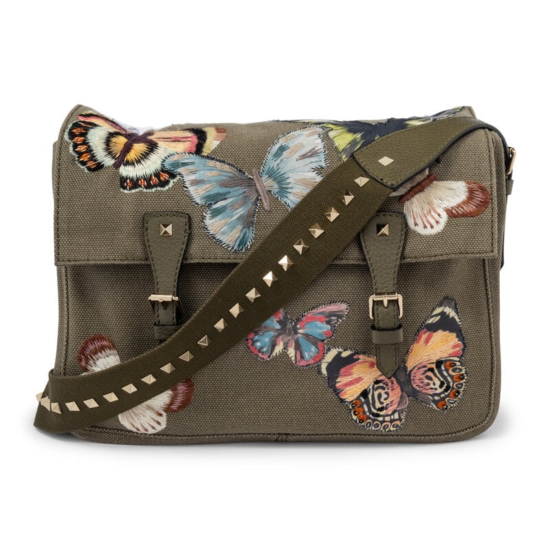 VALENTINO, ROCKSTUD BUTTERFLY CANVAS MESSENGER BAG - 2