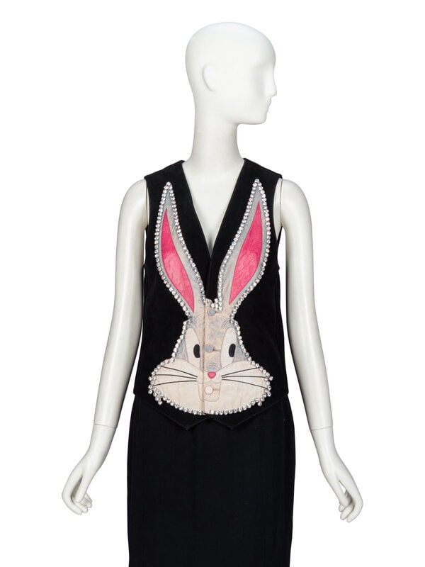 GUCCI, EMBELLISHED 'BUGS BUNNY' SUEDE VEST, 2018: GUCCI, EMBELLISHED 'BUGS BUNNY' SUEDE VEST, 2018 As seen in runway look #50 of the Spring/Summer 2018 Ready-to-Wear collection by Alessandro Michele for Gucci. Embellished vest in black suede with lea