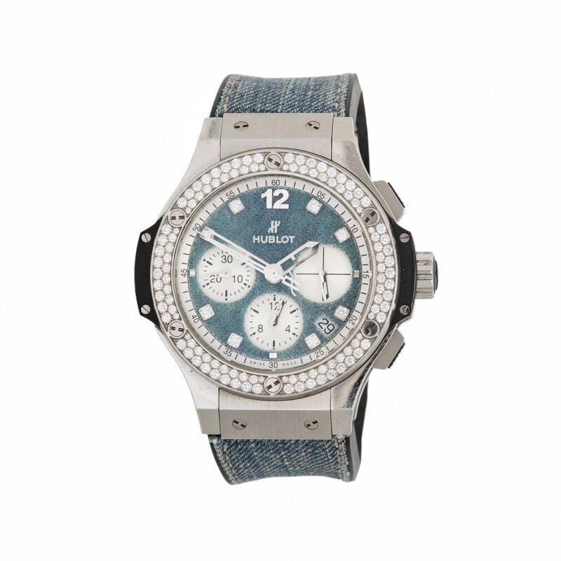 HUBLOT, 'BIG BANG' LIMITED EDITION 'JEANS' CHRONOGRAPH WATCH WITH DATE AND DIAMONDS: HUBLOT, 'BIG BANG' LIMITED EDITION 'JEANS' CHRONOGRAPH WATCH WITH DATE AND DIAMONDS Maker: Hublot Model: Big Bang 'Jeans' Case number: 994012 Year: