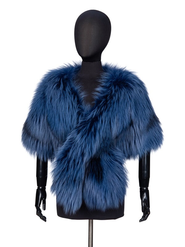DENNIS BASSO, BLUE FOX FUR BOLERO JACKET: DENNIS BASSO, BLUE FOX FUR BOLERO JACKET Cropped bolero jacket in blue-dyed fox fur. Collarless V neckline. Short sleeves. Extended front panels with cross-over threaded closure. Fully lined. 