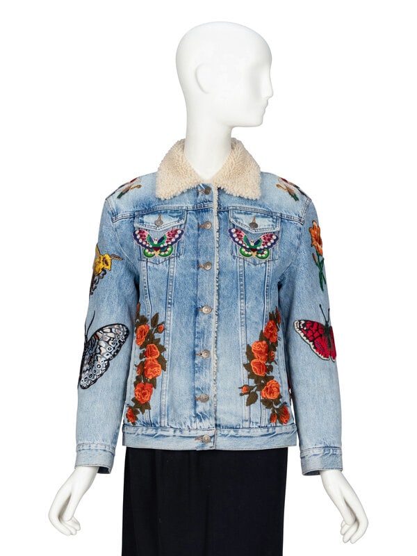 GUCCI, EMBROIDERED SHEARLING-DENIM JACKET: GUCCI, EMBROIDERED SHEARLING-DENIM JACKET As seen in look #29 of the Pre-Fall 2016 collection lookbook by Alessandro Michele for Gucci. Denim jacket in light wash blue cotton denim with all-over