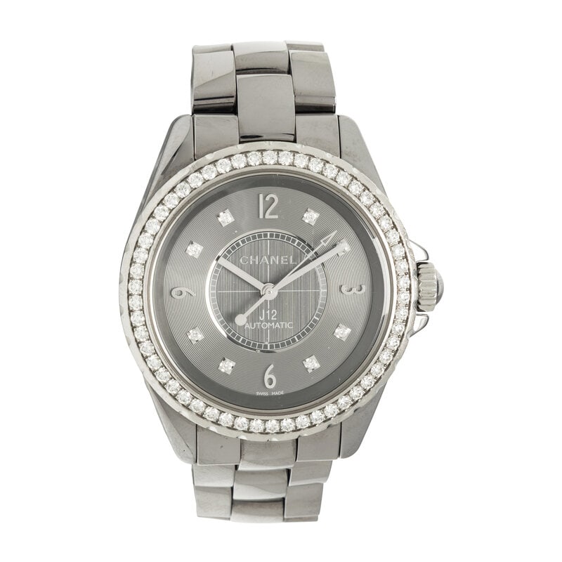 CHANEL, 'J12' CERAMIC AND DIAMOND WATCH, BOX & EXTRA LINKS: CHANEL, 'J12' CERAMIC AND DIAMOND WATCH, BOX & EXTRA LINKS Maker: Chanel Model: J12 Serial number: 70774 Case size: Approx. 38 mm Case material: Stainless steel and ceramic Bezel: Diamonds Dial: