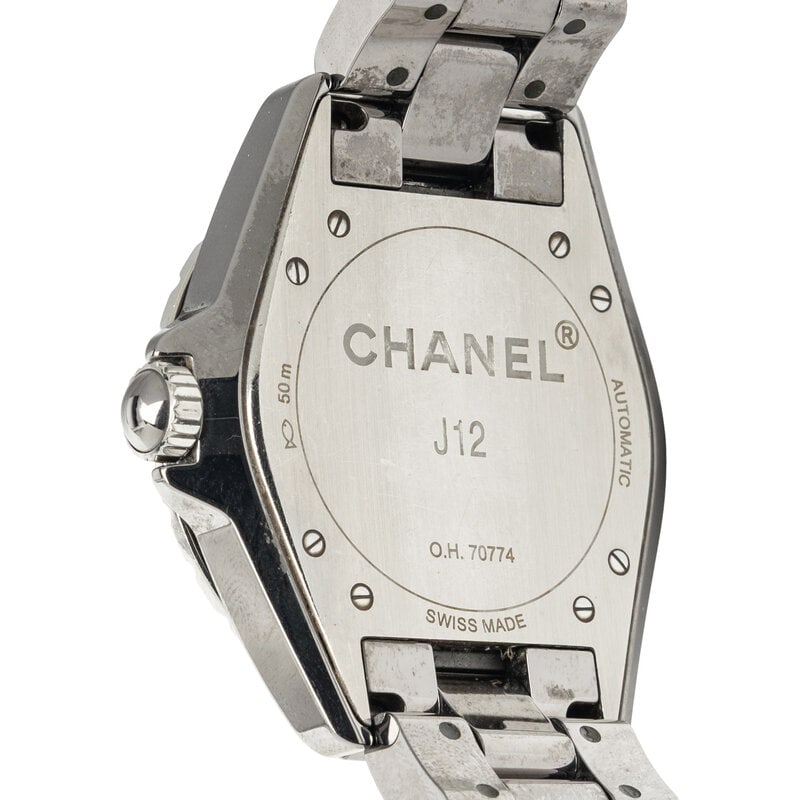 CHANEL, 'J12' CERAMIC AND DIAMOND WATCH, BOX & EXTRA LINKS - 3