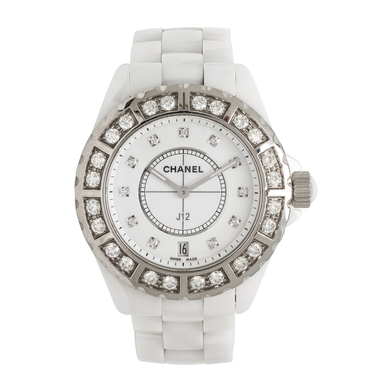CHANEL, 'J12' CERAMIC AND DIAMOND DATE WATCH, BOX, PAPERS, AND EXTRA LINKS: CHANEL, 'J12' CERAMIC AND DIAMOND DATE WATCH, BOX, PAPERS, AND EXTRA LINKS Maker: Chanel Model: J12 Year: Circa 2013 Case size: Approx. 39 mm Case material: Stainless steel and white ceramic Bezel:
