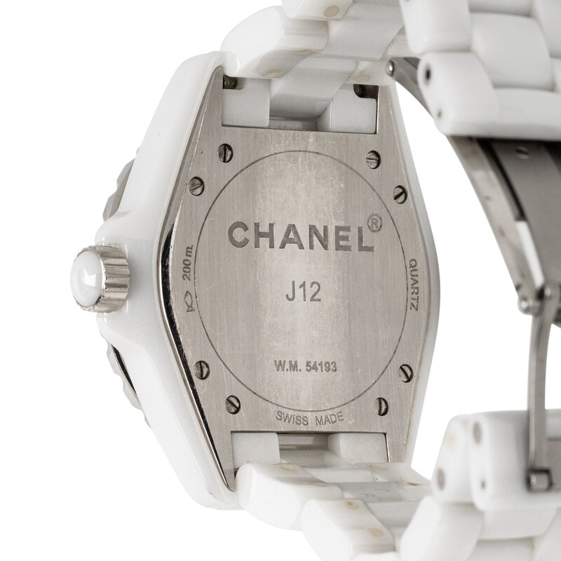 CHANEL, 'J12' CERAMIC AND DIAMOND DATE WATCH, BOX, PAPERS, AND EXTRA LINKS - 3