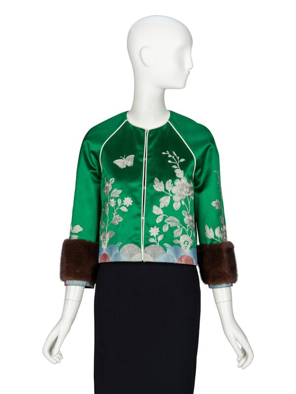 GUCCI, FUR-TRIMMED SILK JACKET: GUCCI, FUR-TRIMMED SILK JACKET As seen in runway look #46 of the Spring/Summer 2016 Ready-to-Wear collection by Alessandro Michele for Gucci. Jacket in green silk satin with metallic floral