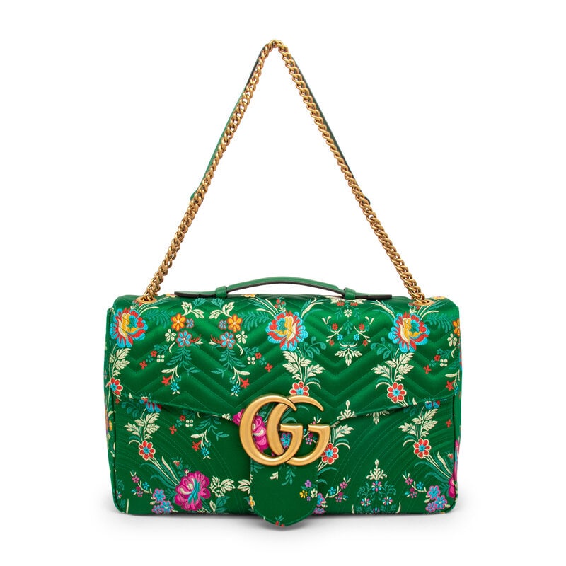 GUCCI, FLORAL XL MARMONT BAG: GUCCI, FLORAL XL MARMONT BAG Extra Large Marmont bag in green/multicolor quilted floral jacquard. Push-lock closure to flap, flat leather handle, and flat leather & metal chain shoulder strap. 