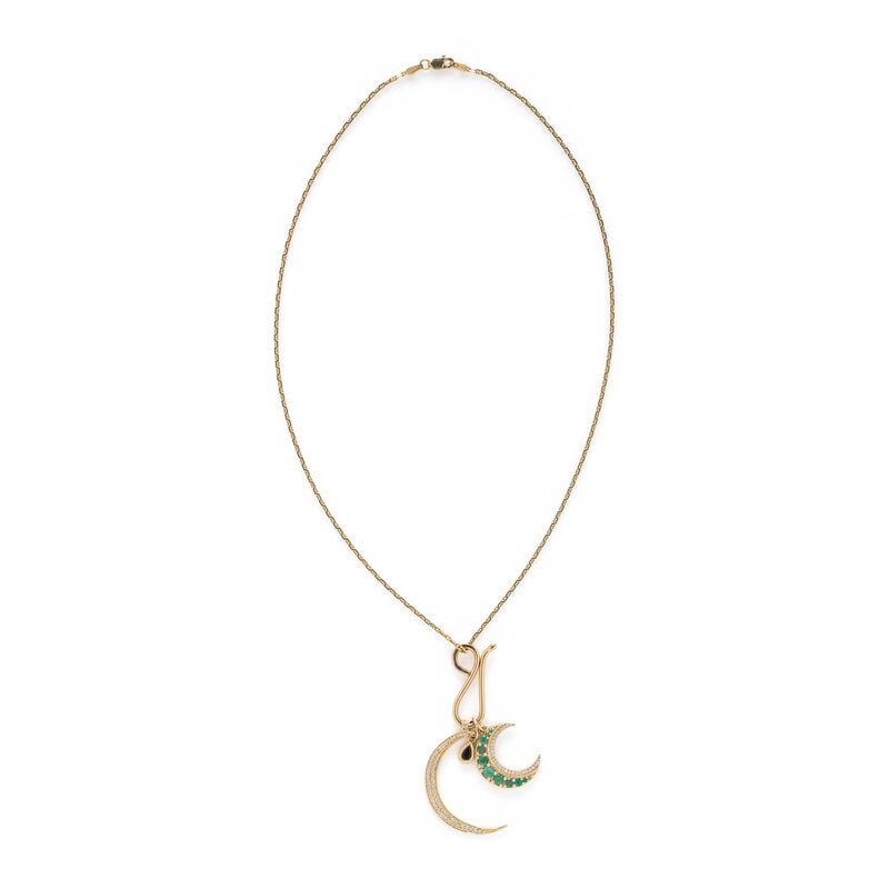 YELLOW GOLD, DIAMOND, AND MULTIGEM CRESCENT MOON PENDANT NECKLACE - 2