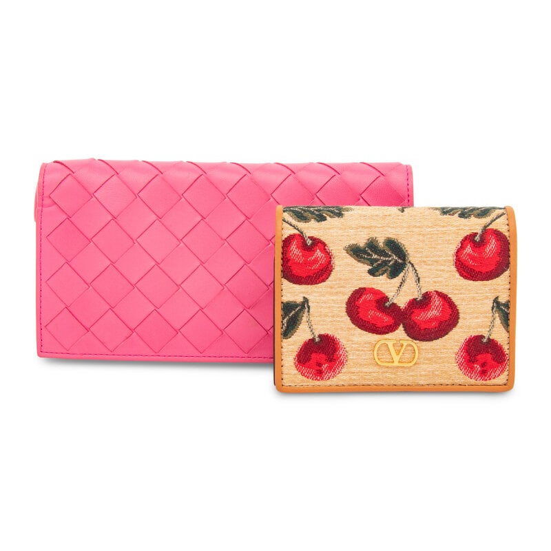 BOTTEGA VENETA & VALENTINO, TWO WALLETS: BOTTEGA VENETA & VALENTINO, TWO WALLETS THE FIRST Wallet pink intrecciato leather. Silver-tone hardware and snap closure. Label: Bottega Veneta Style/Serial No.: S02327345E Date: