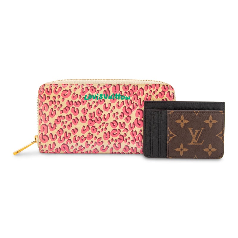 LOUIS VUITTON, ZIPPER WALLET & CARDHOLDER: LOUIS VUITTON, ZIPPER WALLET & CARDHOLDER THE FIRST Zipper wallet in patent Empreinte monogram leather with a beige and pink leopard print. Zipper closure. Label: Louis Vuitton Style/Serial