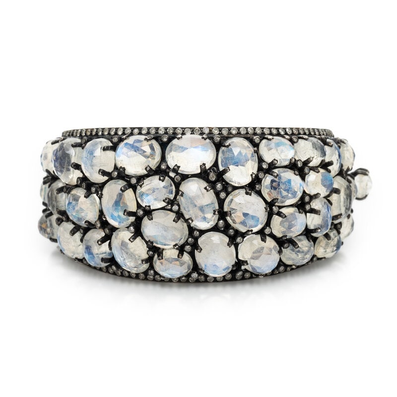 BLACKENED SILVER, YELLOW GOLD, FACETED MOONSTONE, AND DIAMOND BANGLE BRACELET (1 of 2)