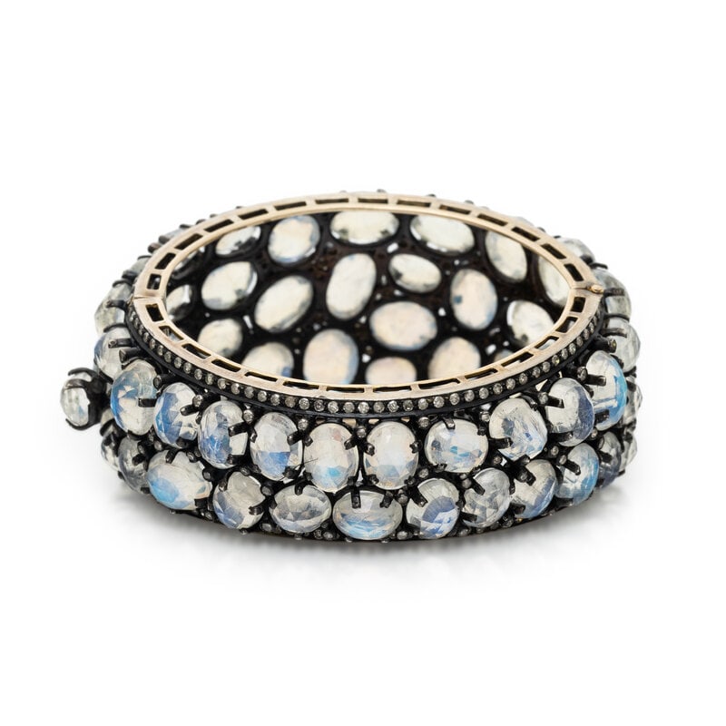 BLACKENED SILVER, YELLOW GOLD, FACETED MOONSTONE, AND DIAMOND BANGLE BRACELET - 2
