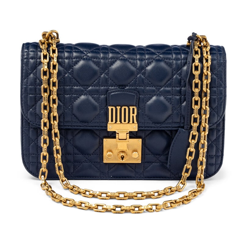 CHRISTIAN DIOR, NAVY DIORADDICT FLAP BAG: CHRISTIAN DIOR, NAVY DIORADDICT FLAP BAG DiorAddict flap bag in cannage-quilted navy lambskin leather. Push-lock clasp closure and metal chain strap. Label: Christian Dior Style/Serial No.: