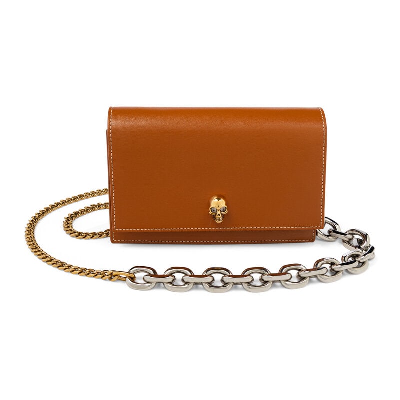 ALEXANDER MCQUEEN, MINI SKULL BAG: ALEXANDER MCQUEEN, MINI SKULL BAG Skull Mini bag in caramel tan leather. Magnetic snap closure and multi metal chain strap. Label: Alexander McQueen Style/Serial No.: Unmarked Date: 2024 Country