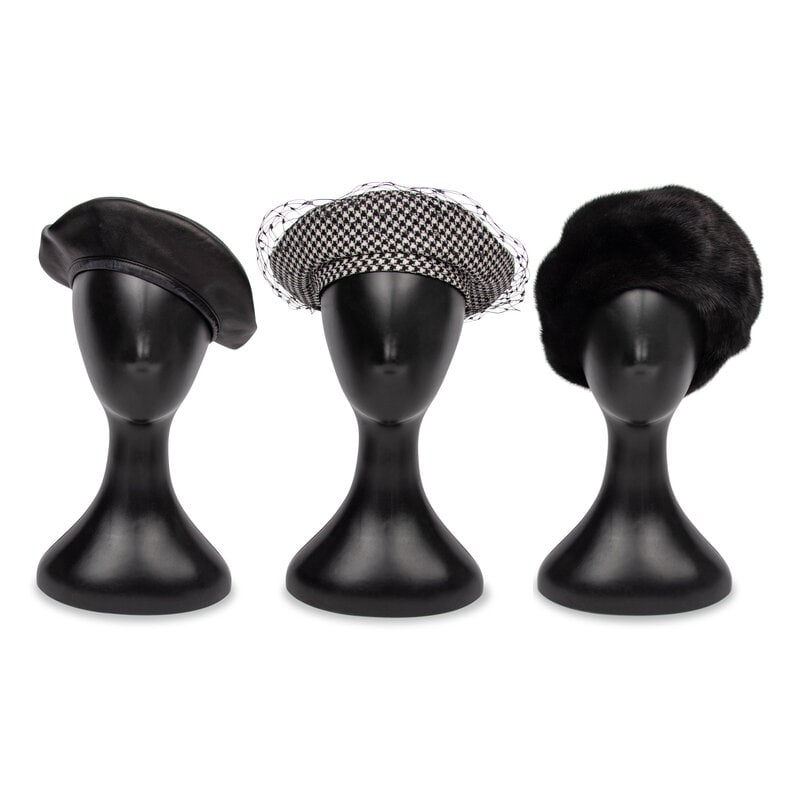 DIOR & DENNIS BASSO, THREE BERETS: DIOR & DENNIS BASSO, THREE BERETS THE FIRST Beret in black lambskin leather. Small metal DIOR logo plaque near brim. Fully lined. Label: Christian Dior Size: 57 Date: 2015-2025 Country of