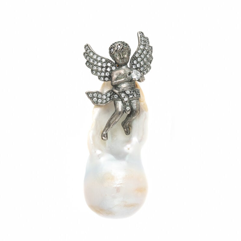 BAROQUE CULTURED PEARL AND PINK CRYSTAL ANGEL PENDANT: BAROQUE CULTURED PEARL AND PINK CRYSTAL ANGEL PENDANT Cultured fireball pearl measuring approximately 44.25 x 19.00 mm and round pink crystals. Platinum. 2 x 5/8 inches. Gross weight: 13.15 dwt.
