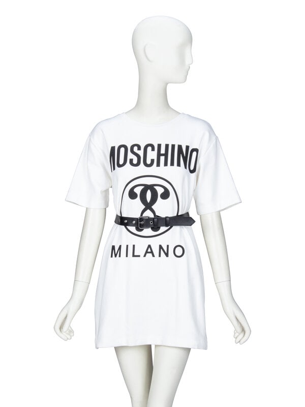 MOSCHINO, BELTED T-SHIRT DRESS: MOSCHINO, BELTED T-SHIRT DRESS Belted T-shirt minidress in off-white stretch cotton jersey; with black "MOSCHINO / MILANO" and double question mark print at front. Round neckline with ribbed knit